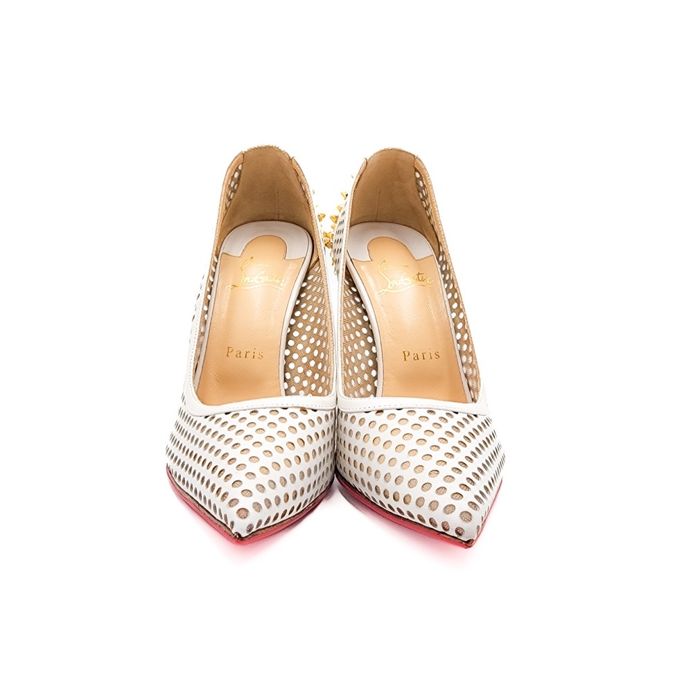 Christian Louboutin Guni 100 White Latte Leather Gold Spiked Pumps EU 38 - Picture 5 of 10